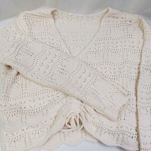 Womens Cream Lace Knit Boho Cottagecore Fairy Crop Sweater M-L